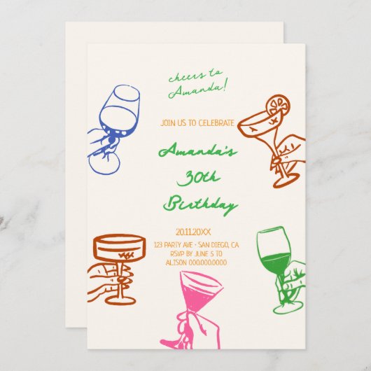 Hand getrokken Scribble Cocktail Verjaardag uitnod Kaart (Voorkant / Achterkant)