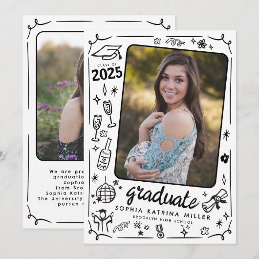 Hand getrokken Scribble Zwart Wit Foto Afstuderen Aankondiging (Voorkant / Achterkant)