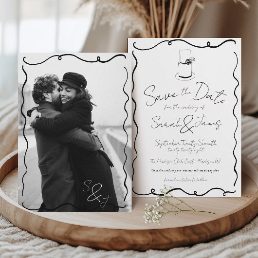 Hand getrokken Scribble Zwart & Wit Foto bruiloft Save The Date