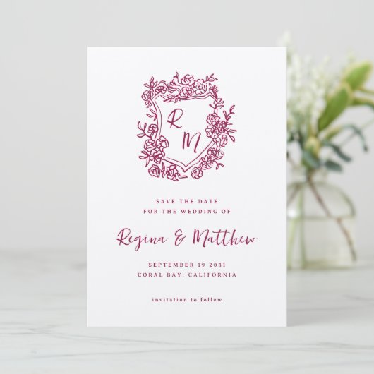 Hand getrokken Sinaasappel Floral Crest Monogram b Save The Date (Staand voorkant)