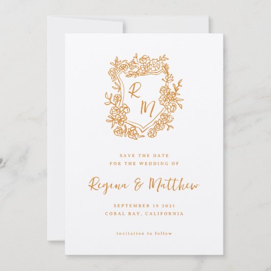 Hand getrokken Sinaasappel Floral Crest Monogram b Save The Date (Voorkant)