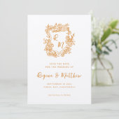 Hand getrokken Sinaasappel Floral Crest Monogram b Save The Date (Staand voorkant)