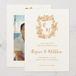 Hand getrokken Sinaasappel Floral Crest Monogram b Save The Date