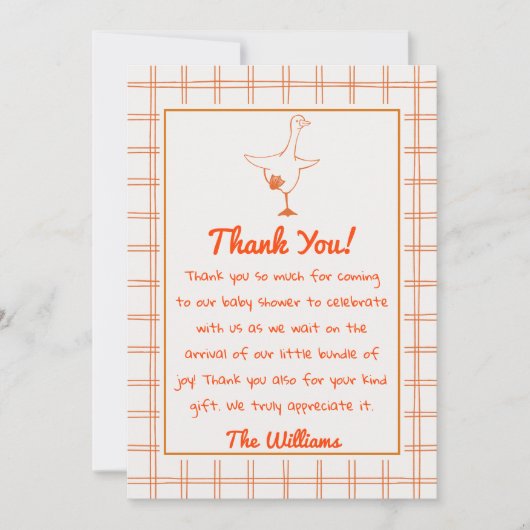 Hand getrokken Sinaasappel Gekke Goose Gingham Bab Bedankkaart (Voorkant)