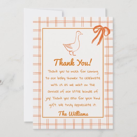 Hand getrokken Sinaasappel Gekke Goose Ribbon Baby Bedankkaart (Voorkant)