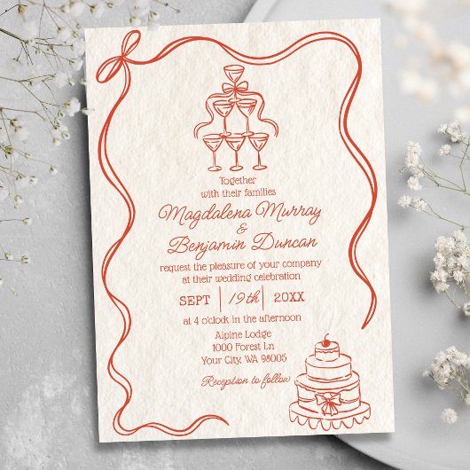  Hand Getrokken Sinaasappel Retro Lint Boog Weddin Kaart