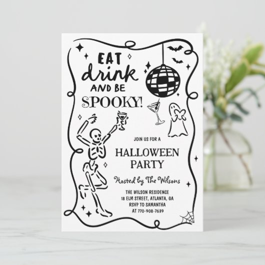 Hand getrokken Skelet Spooky Halloween Kaart (Staand voorkant)
