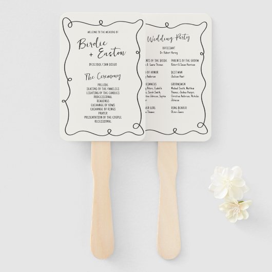 Hand getrokken Squiggle Lijst bruiloft programma Handwaaier (Voorkant en achterkant)