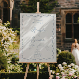 Hand getrokken stoffige blauwe bruiloft welkom tek