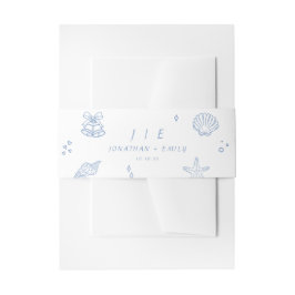 Hand getrokken stoffige blauwe kust bruiloft uitnodigingen wikkel