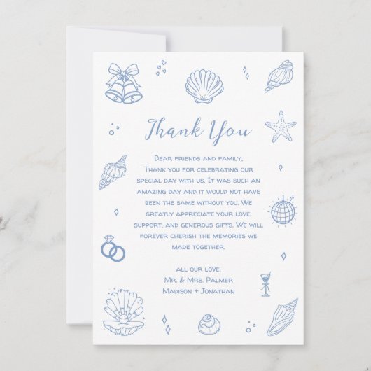 Hand getrokken stoffige blauwe kust strand bruilof bedankkaart (Voorkant)