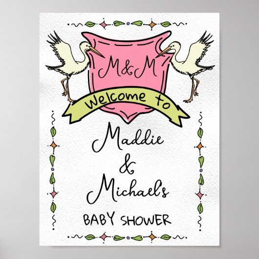 Hand getrokken Stork Crest Baby shower Welkomstbor Poster (Voorkant)