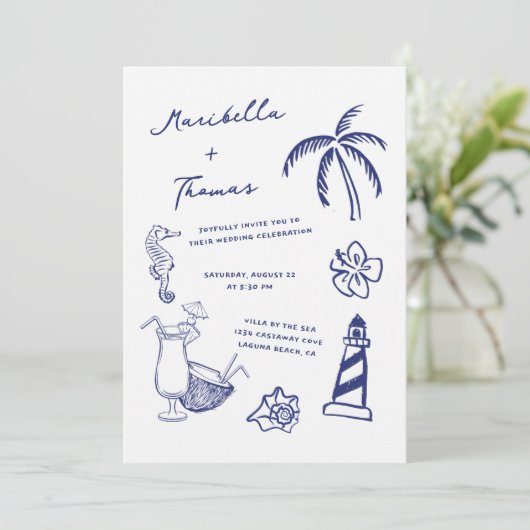 Hand getrokken strand Doodles Alles in een bruilof Kaart (Staand voorkant)