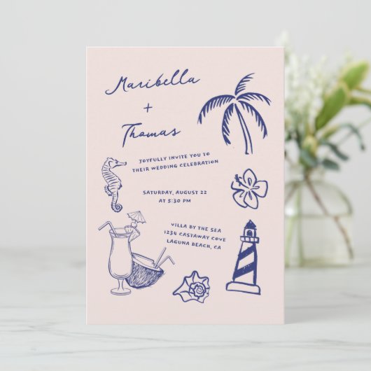 Hand getrokken strand Doodles Alles in een bruilof Kaart (Staand voorkant)