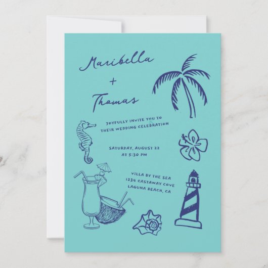 Hand getrokken strand Doodles Alles in een bruilof Kaart (Voorkant)