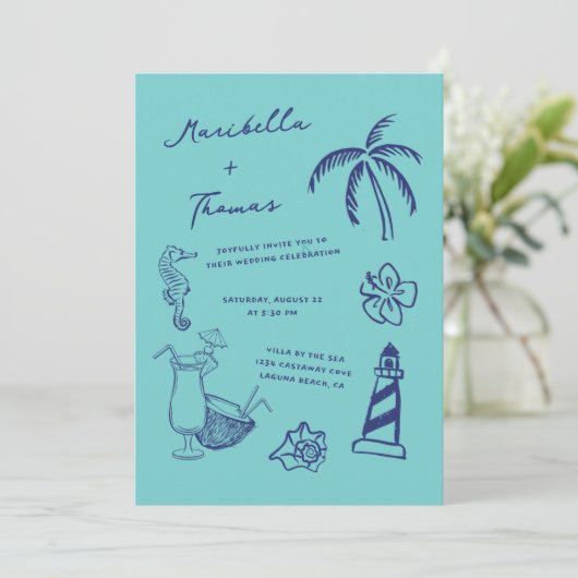 Hand getrokken strand Doodles Alles in een bruilof Kaart (Staand voorkant)