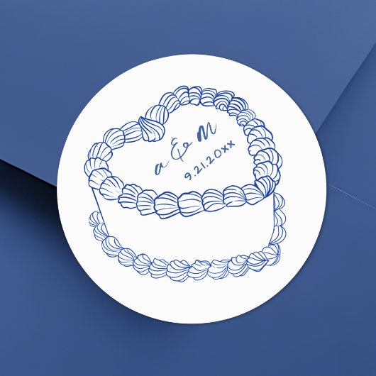 Hand getrokken  taart blauw grillige bruiloft ronde sticker