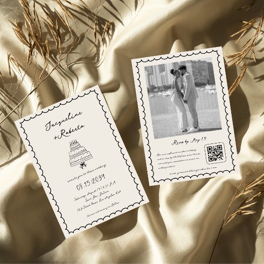 Hand getrokken taart grillige retro vintage bruilo kaart