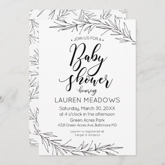 Hand getrokken takken Baby shower uitnodiging (Voorkant / Achterkant)