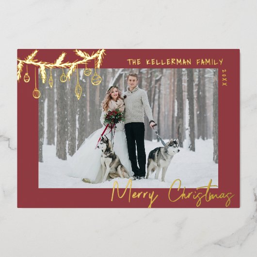 Hand getrokken Tartan Rood Goud Vrolijk Kerstfeest Folie Feestdagenkaart (Voorkant)