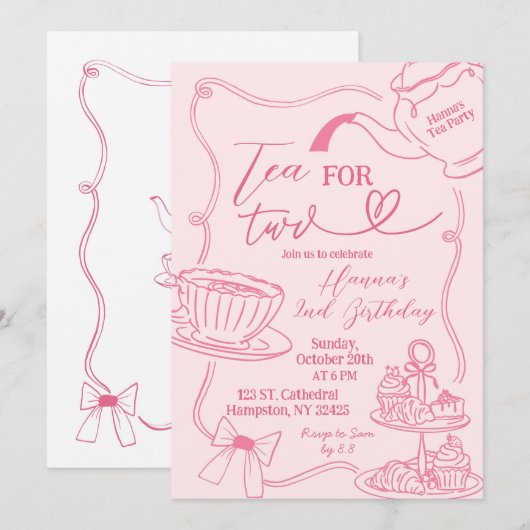 Hand getrokken thee voor twee 2e verjaardag kaart (Voorkant / Achterkant)