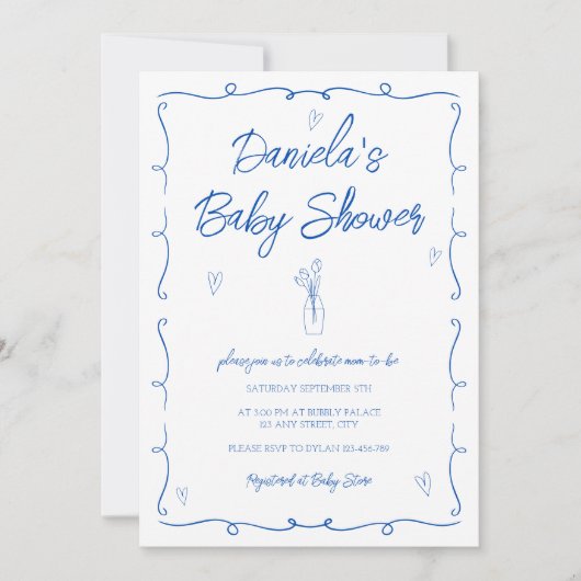 Hand getrokken Trendy Blauwe Bloemen Baby Jongen D Kaart (Voorkant)