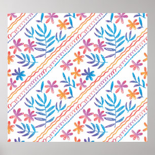 Hand getrokken tropische bloemen, bladeren patroon poster