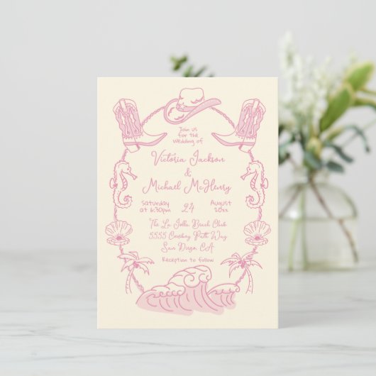 Hand getrokken Tropische Kust Cowboy Strand Bruilo Kaart (Staand voorkant)