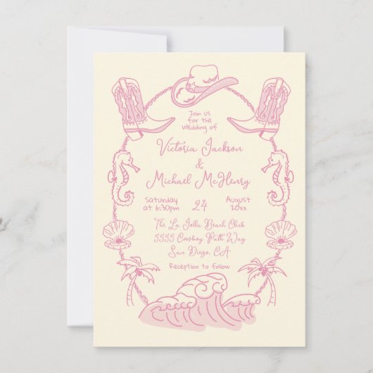 Hand getrokken Tropische Kust Cowboy Strand Bruilo Kaart (Voorkant)