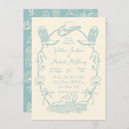 Hand getrokken Tropische Kust Cowboy Strand Bruilo Kaart (Voorkant / Achterkant)