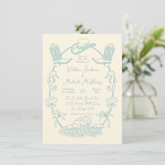 Hand getrokken Tropische Kust Cowboy Strand Bruilo Kaart (Staand voorkant)