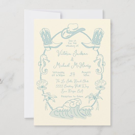 Hand getrokken Tropische Kust Cowboy Strand Bruilo Kaart (Voorkant)