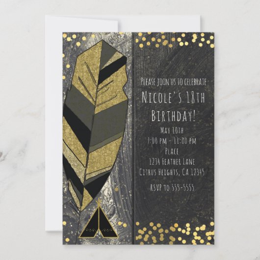 Hand getrokken veren & tipi goud zwart uitnodiging (Voorkant)