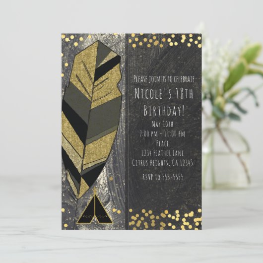 Hand getrokken veren & tipi goud zwart uitnodiging (Staand voorkant)