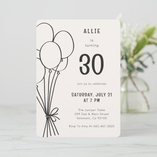 Hand getrokken verjaardag ballon elke leeftijd zwa kaart (Staand voorkant)