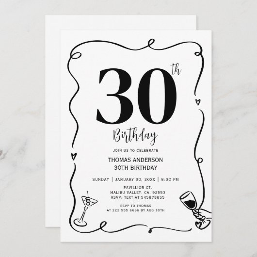 Hand getrokken verjaardagsfeest 30th, 40th, 50th, kaart (Voorkant / Achterkant)