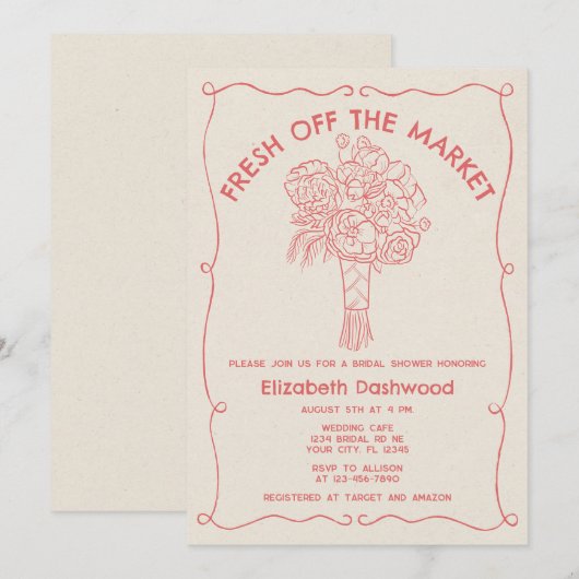 Hand getrokken verse off-market koraal Vrijgezelle Kaart (Voorkant / Achterkant)