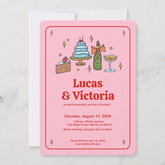 Hand getrokken vet rood en roze grillige bruiloft kaart (Voorkant)