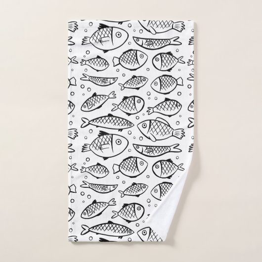 Hand getrokken vis en bubbels zwart en wit ID489 Bad Handdoek (Handdoek)