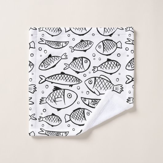 Hand getrokken vis en bubbels zwart en wit ID489 Bad Handdoek (Wasdoekje)