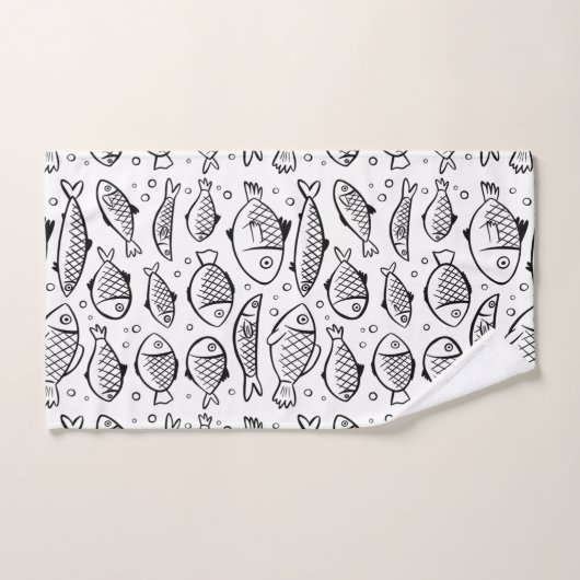 Hand getrokken vis en bubbels zwart en wit ID489 Bad Handdoek (Handdoek)