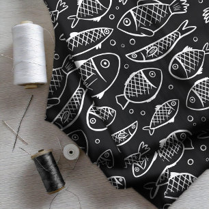 Hand getrokken vis en bubbels zwart en wit ID489 Stof