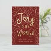 Hand getrokken vreugde aan de wereld in rode kerst feestdagenkaart (Staand voorkant)