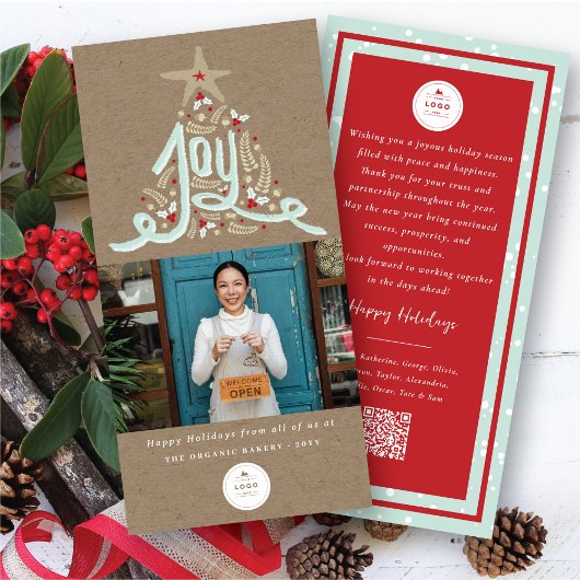 Hand getrokken vreugde kalligrafie gebladerte Foto Feestdagenkaart