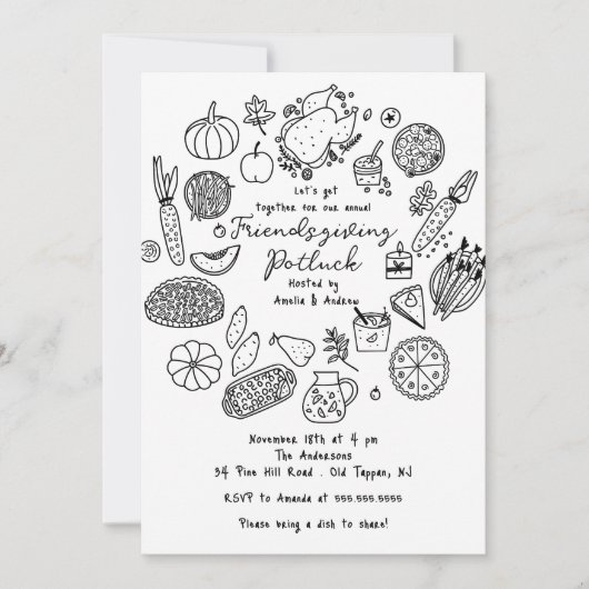 Hand getrokken Vrienden geven Potluck Uitnodiging (Voorkant)