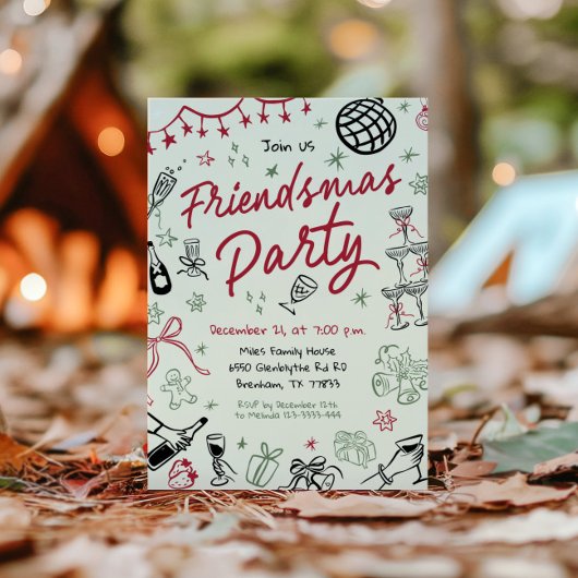 Hand getrokken vriendjes feest uitnodiging, Kerstm Kaart