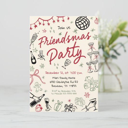 Hand getrokken vriendjes feest uitnodiging, Kerstm Kaart (Staand voorkant)