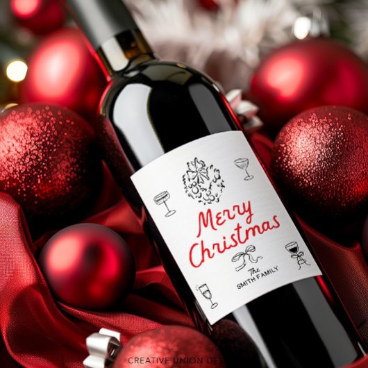 Hand getrokken Vrolijk Kerstfeest Gepersonaliseerd Wijn Etiket