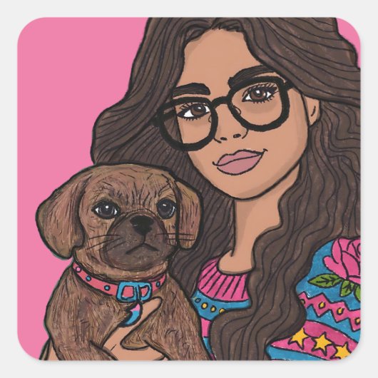 Hand getrokken vrouw met haar puggle hond vierkante sticker (Voorkant)