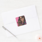Hand getrokken vrouw met haar puggle hond vierkante sticker (Envelop)